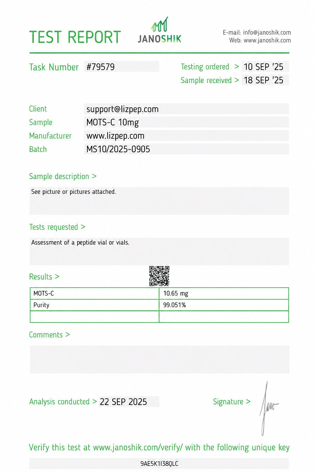 MOTS-C 10mg COA report #79579