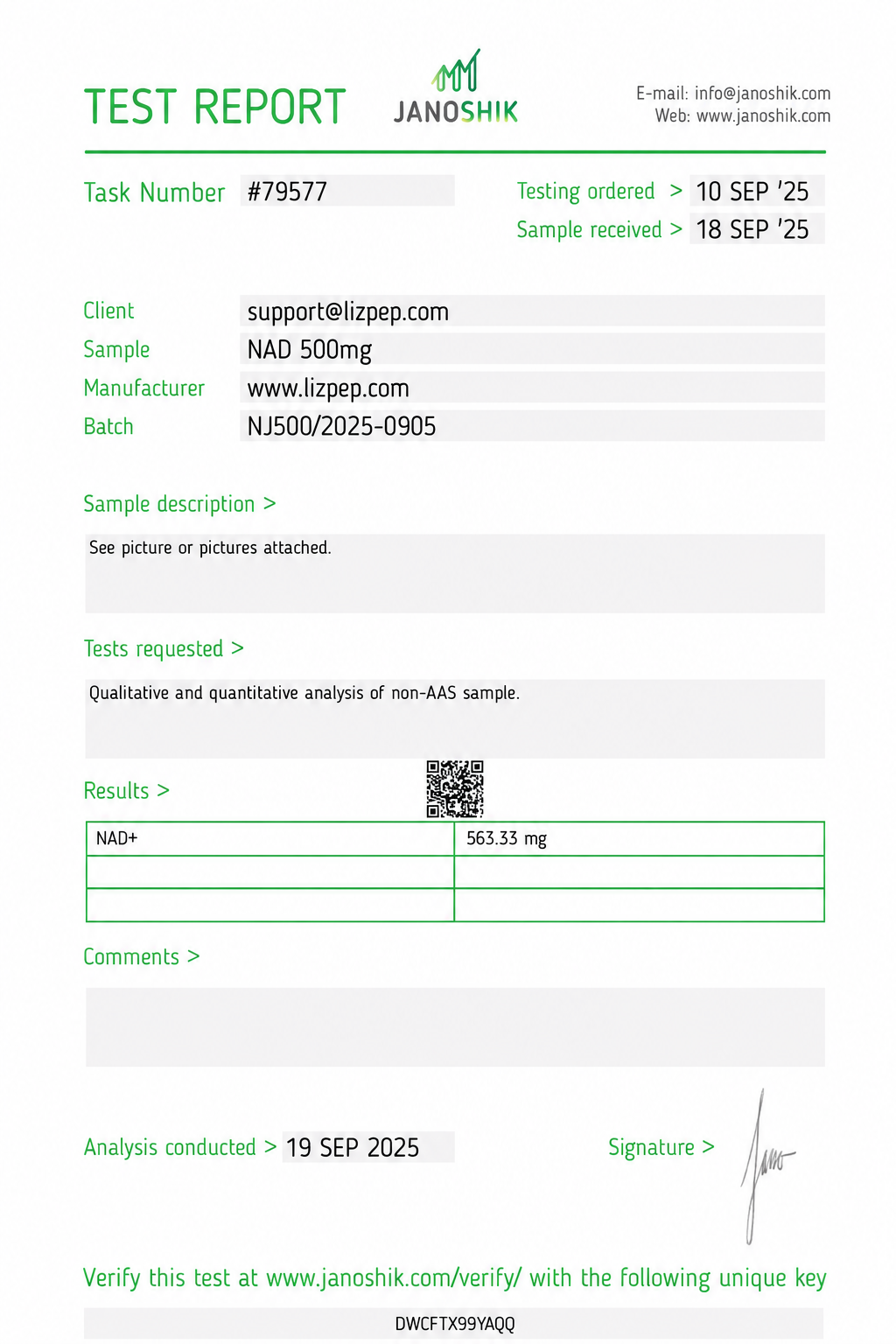 NAD 500mg COA report #79577