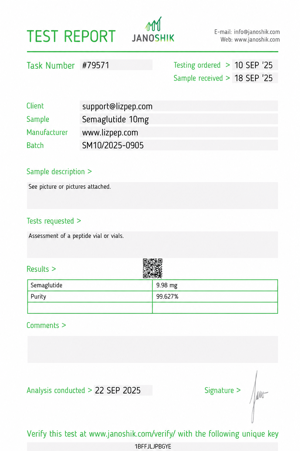 Semaglutide 10mg COA report #79571