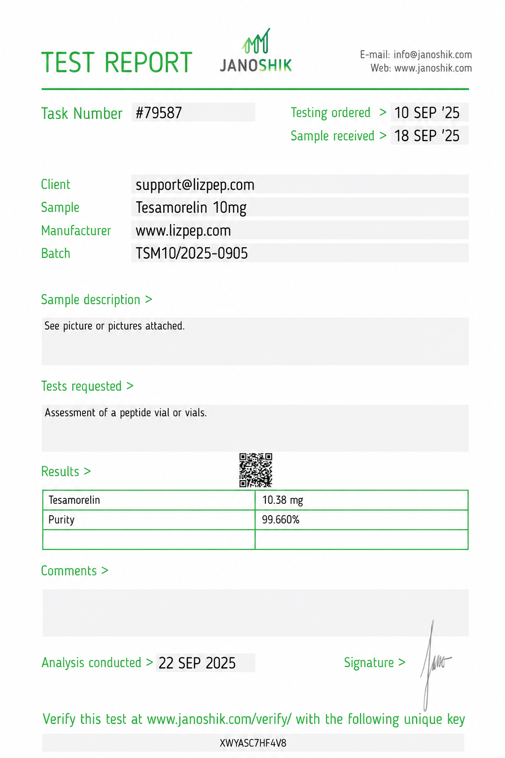 Tesamorelin 10mg COA report #79587